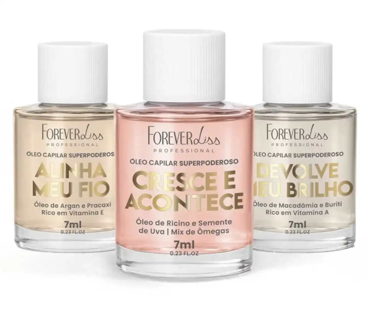 Três frascos pequenos de 7ml de óleos capilares da Forever Liss Professional: "Alinha Meu Fio" (dourado claro), "Cresce e Acontece" (rosado) e "Devolve Meu Brilho" (transparente), dispostos lado a lado sobre fundo branco.