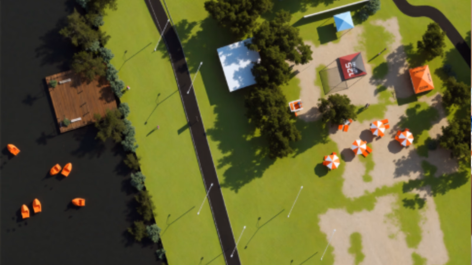 Vista aérea inclinada de uma ativação da marca Leão simulando uma praia em ambiente urbano. O espaço retangular é preenchido com areia clara, onde se distribuem diversos guarda-sóis listrados em laranja e branco com espreguiçadeiras. Há um quiosque de atendimento laranja com o logotipo 'Leão', decks de madeira com bancos e uma área azul decorada com padrões brancos que remete à água do mar.