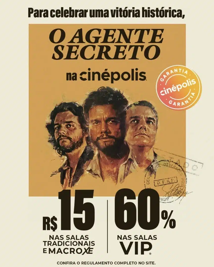 Esta imagem é um cartaz promocional para o filme "O Agente Secreto", protagonizado por Wagner Moura, detalhando uma promoção na rede de cinemas Cinépolis.