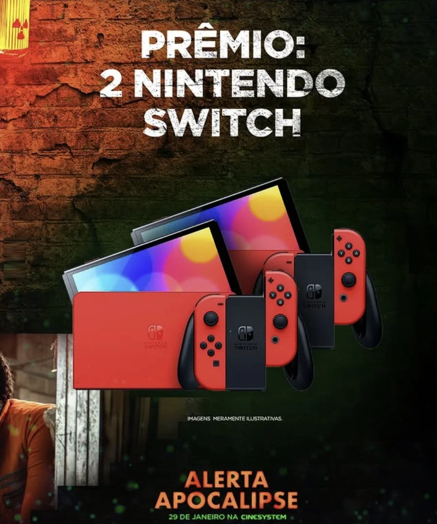 Banner promocional do filme 'Alerta Apocalipse' anunciando o prêmio de 2 consoles Nintendo Switch. A imagem mostra os consoles em destaque sobre um fundo de parede de tijolos rústica e sombria.