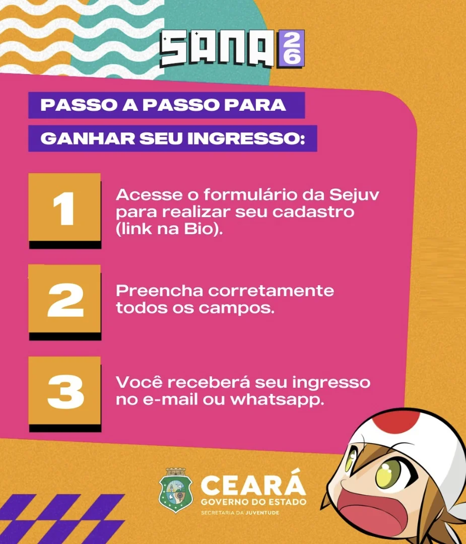 Infográfico colorido do Governo do Ceará detalhando os três passos para ganhar ingressos para o Sana 2026: cadastro no formulário da Sejuv, preenchimento de dados e recebimento do ingresso por e-mail ou WhatsApp.