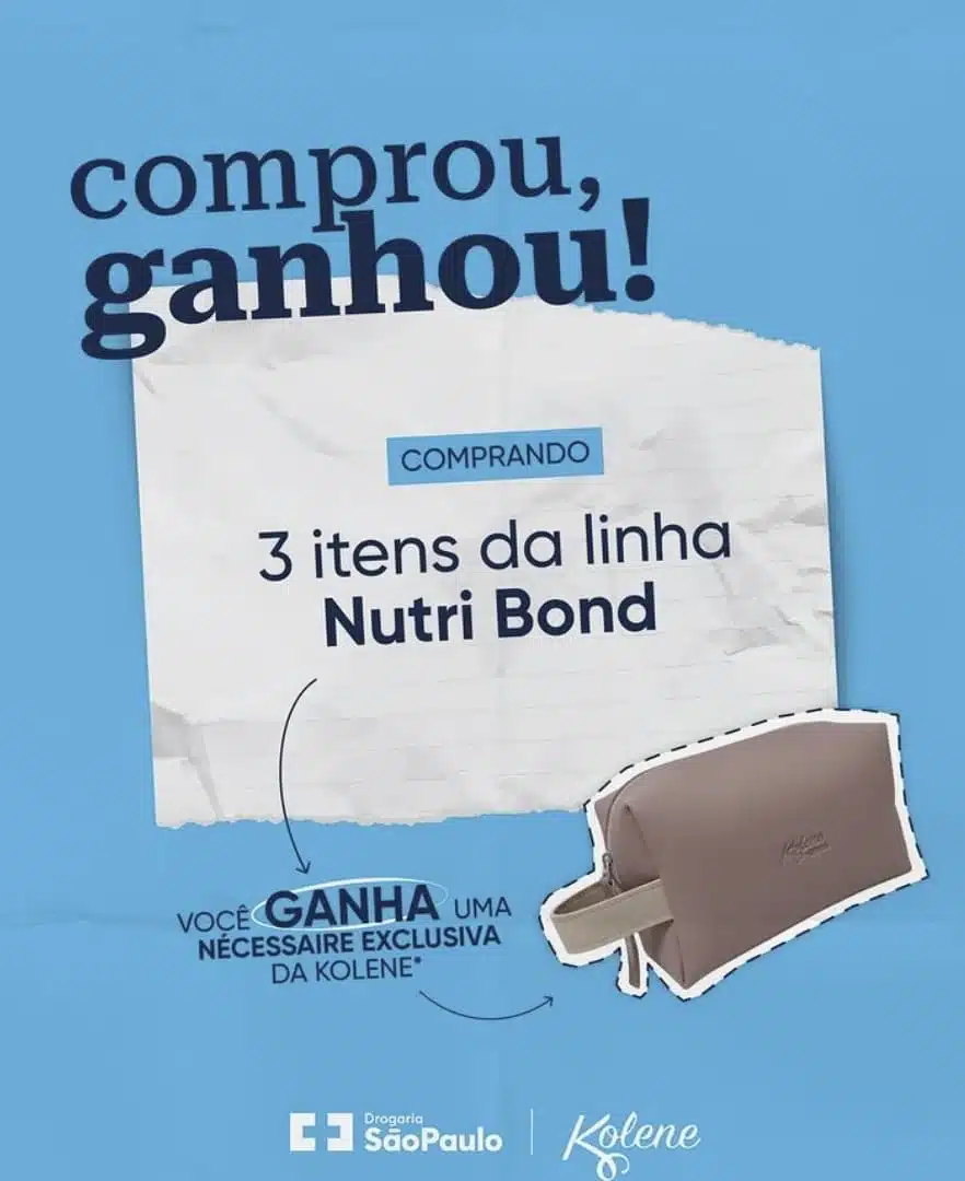 Banner promocional com fundo azul claro. No topo, o texto 'comprou, ganhou!'. Ao centro, um pedaço de papel rasgado indica que, comprando 3 itens da linha Nutri Bond, o cliente ganha uma nécessaire exclusiva da Kolene, que aparece ilustrada no canto inferior direito