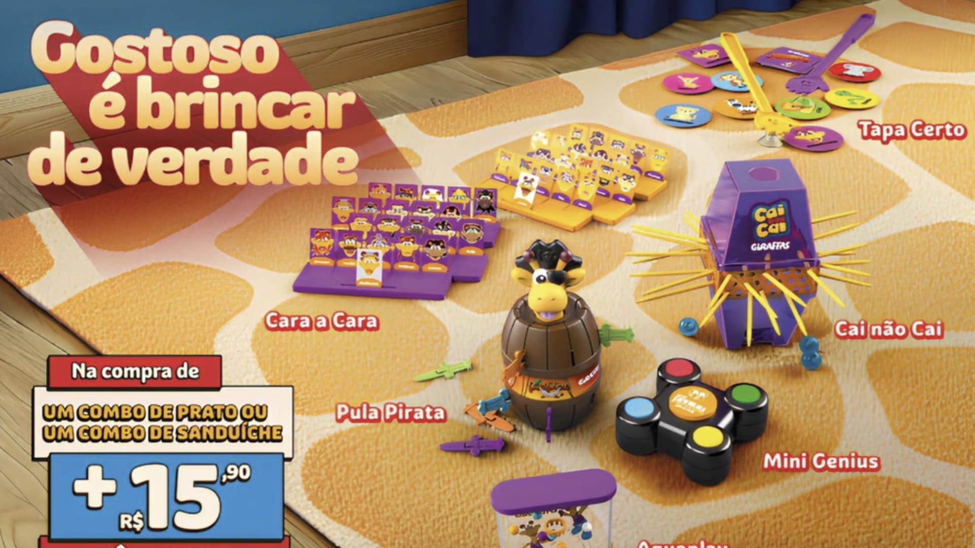 Banner promocional do Giraffas com brinquedos clássicos da Estrela: Cara a Cara, Pula Pirata, Cai não Cai, Tapa Certo, Mini Genius e Aquaplay. No canto inferior, o anúncio indica que, na compra de um combo, o brinquedo sai por mais R$ 15,90.