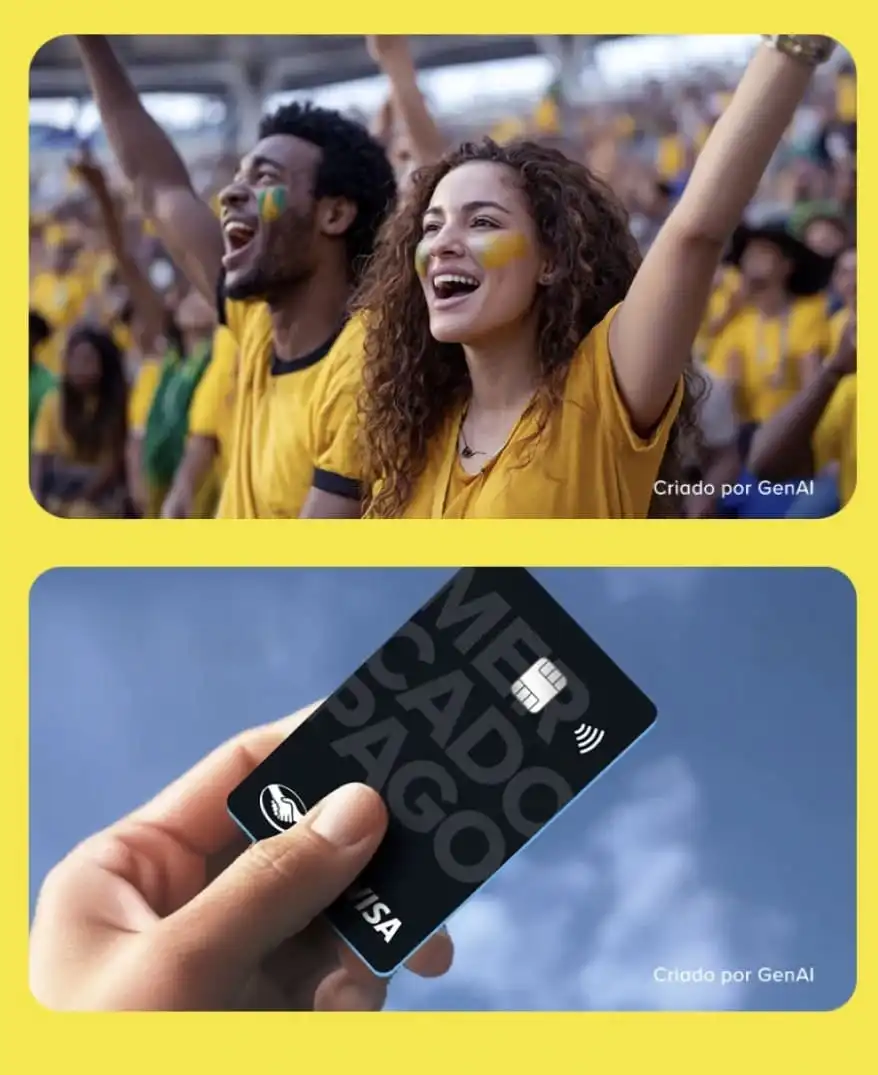 Banner vertical composto por duas imagens: na parte superior, torcedores brasileiros comemorando em um estádio; na parte inferior, uma mão segurando um cartão de crédito preto do Mercado Pago contra um céu azul.
