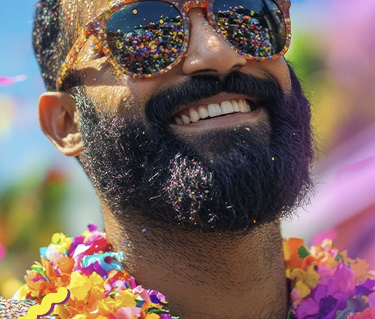 Homem sorridente com barba preta coberta de glitter multicolorido. Ele usa óculos de sol espelhados que refletem confetes coloridos e um colar de flores tropicais vibrantes.