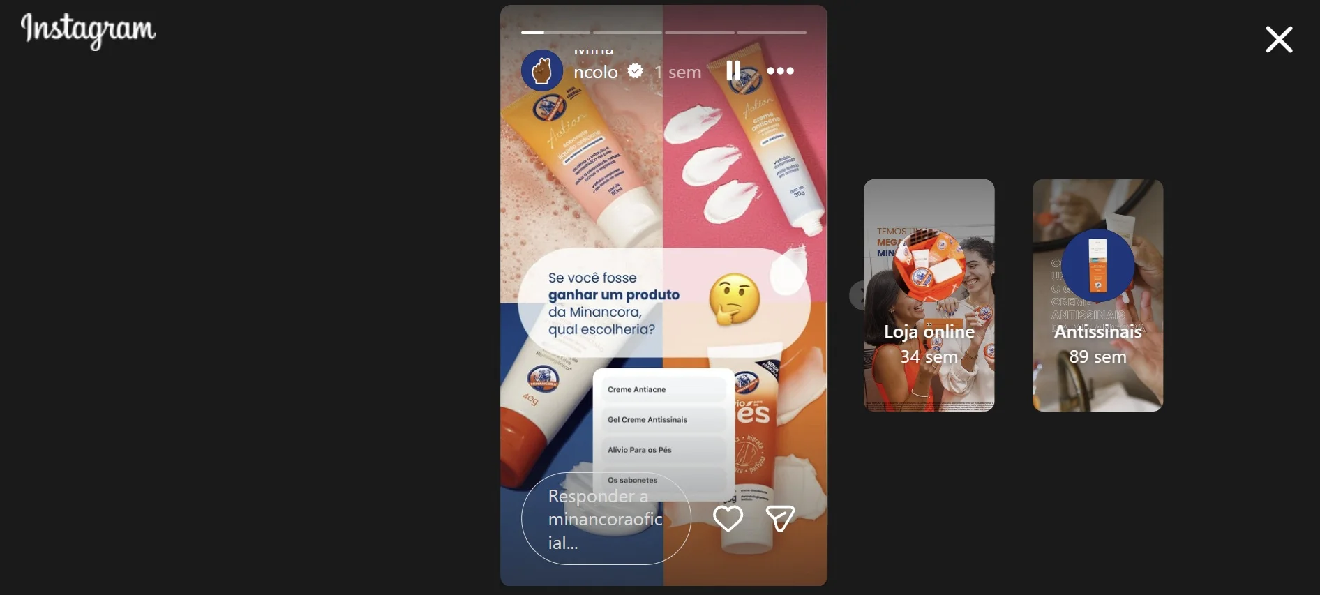 Captura de tela do Instagram da Minancora mostrando um Story interativo com uma enquete perguntando "Se você fosse ganhar um produto da Minancora, qual escolheria?". Ao lado, aparecem os ícones dos Destaques "Loja online" e "Antissinais".