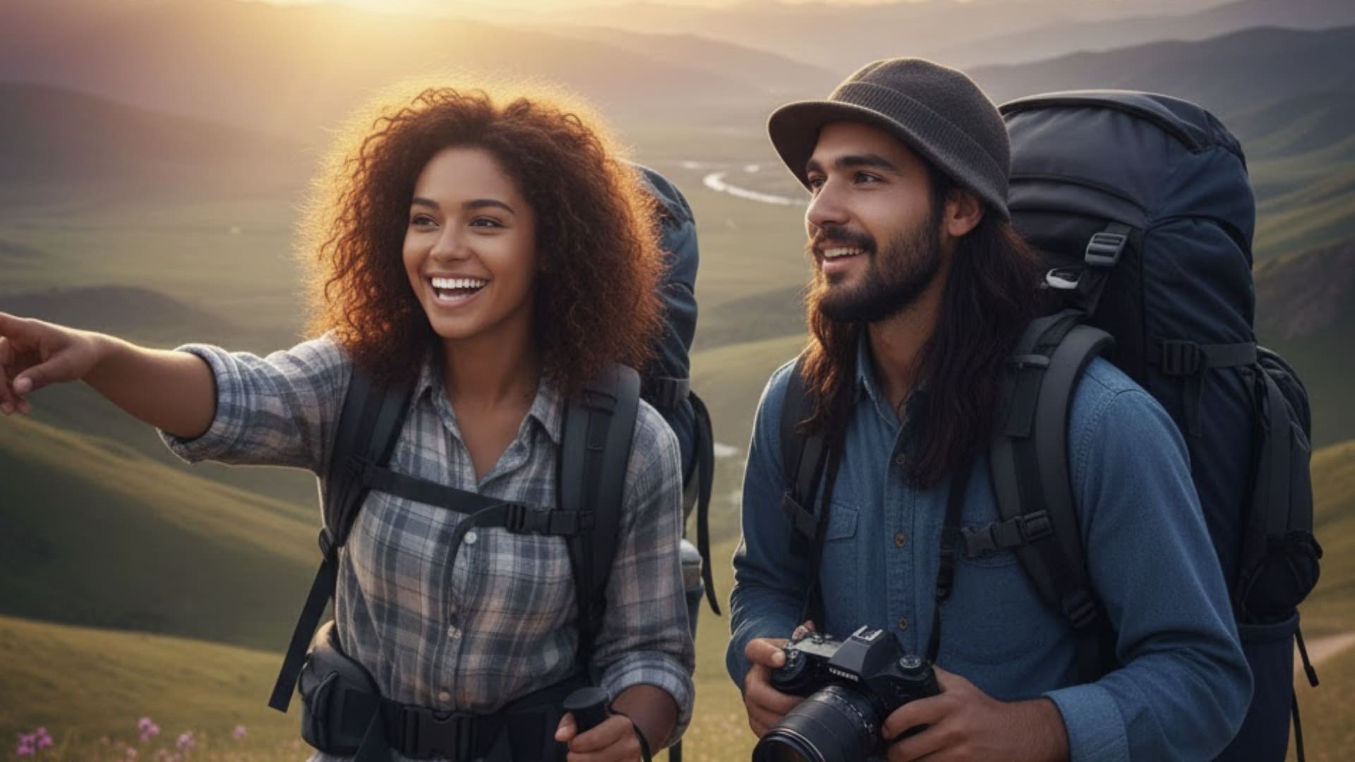 Dois jovens mochileiros, uma mulher negra com cabelo cacheado e um homem com chapéu e câmera, sorriem enquanto observam uma paisagem montanhosa ao pôr do sol.
