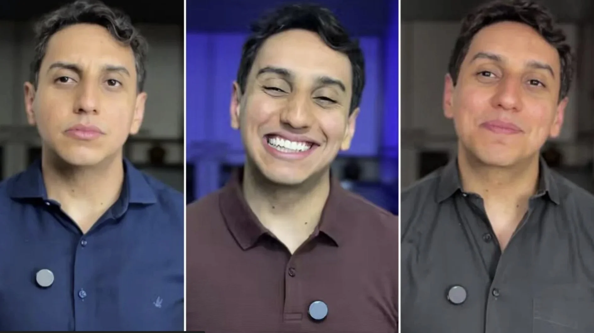 Três retratos do mesmo homem, Everton Miranda, lado a lado, mostrando diferentes expressões: séria à esquerda, sorridente ao centro e um sorriso leve à direita.