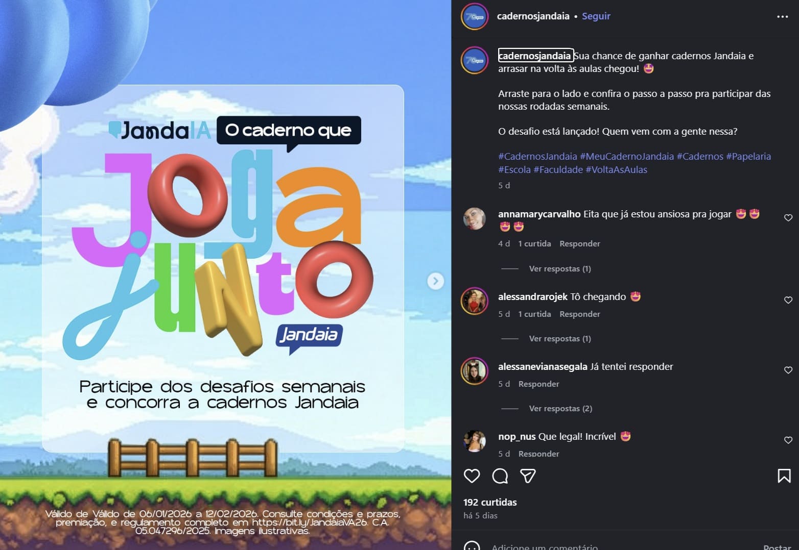 Post de rede social da campanha 'Joga Junto Jandaia'. O gráfico central tem estilo de videogame retrô (plataforma 2D com grama, céu azul e cercas) com o título 'Joga Junto' em letras 3D coloridas. O texto convida para desafios semanais e informa a validade da promoção de janeiro a fevereiro de 2026.
