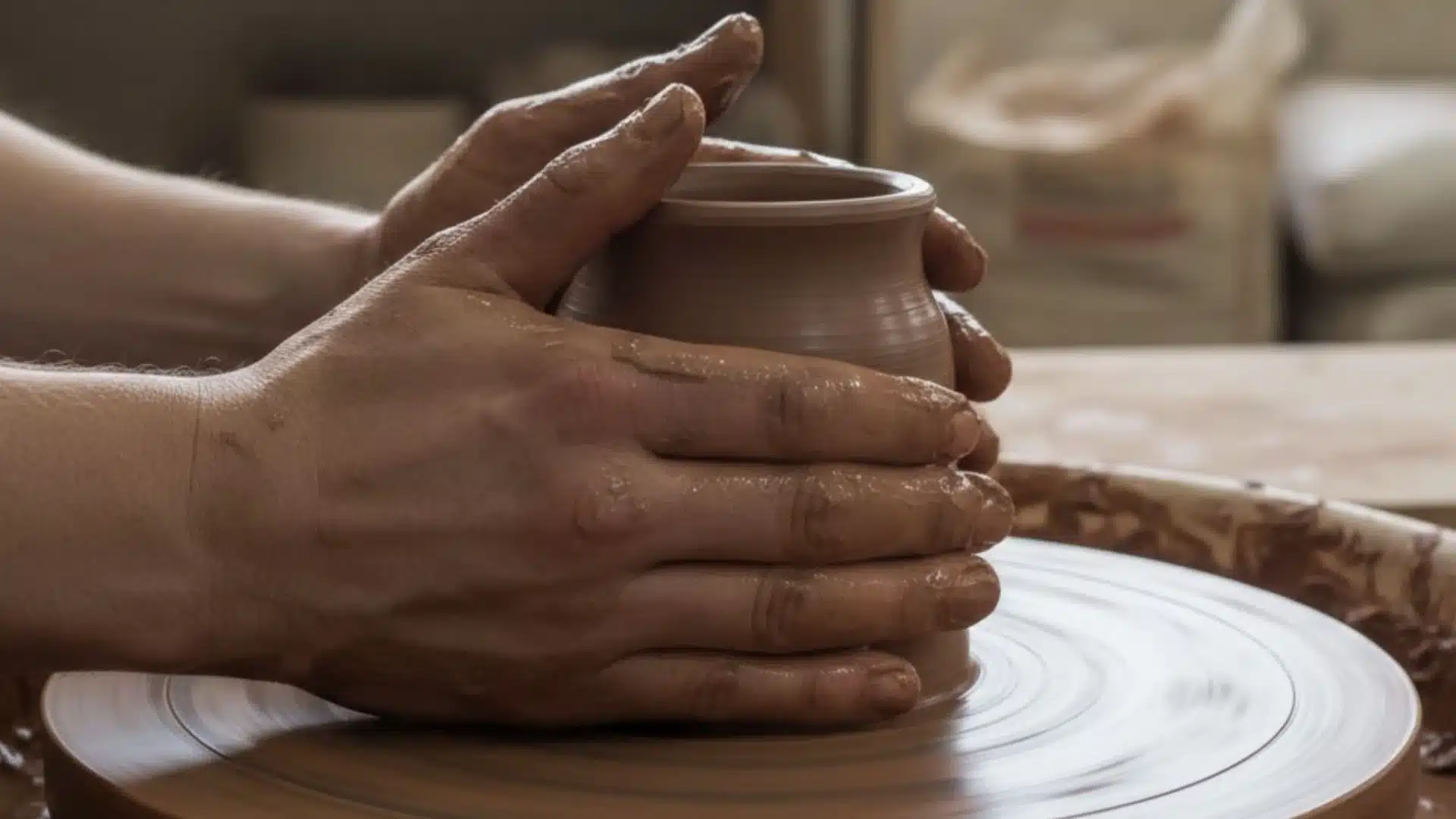 Close-up lateral de mãos cobertas de barro moldando um pequeno pote circular em um torno de oleiro em movimento.