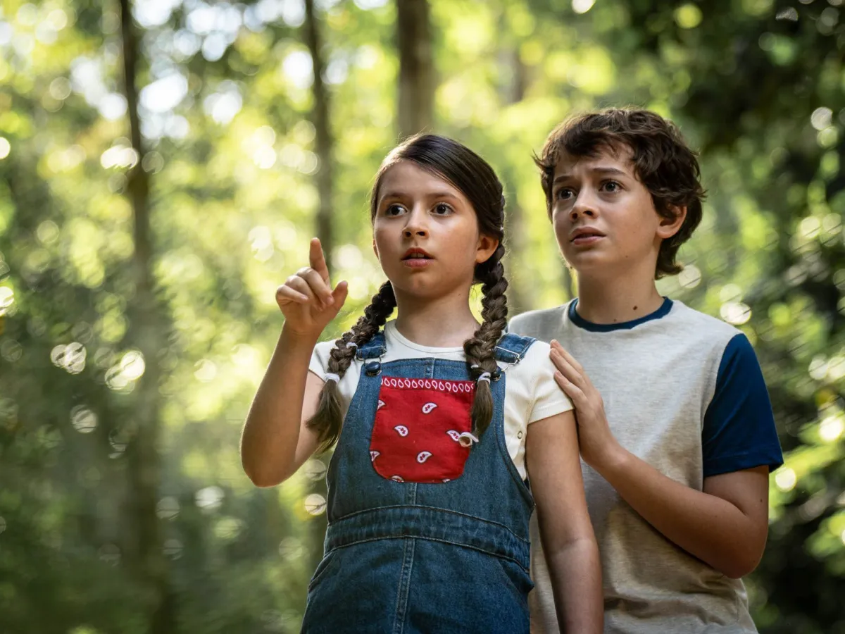 Duas crianças, uma menina de tranças apontando para algo e um menino ao lado dela com expressão de surpresa, em meio a uma floresta ensolarada.