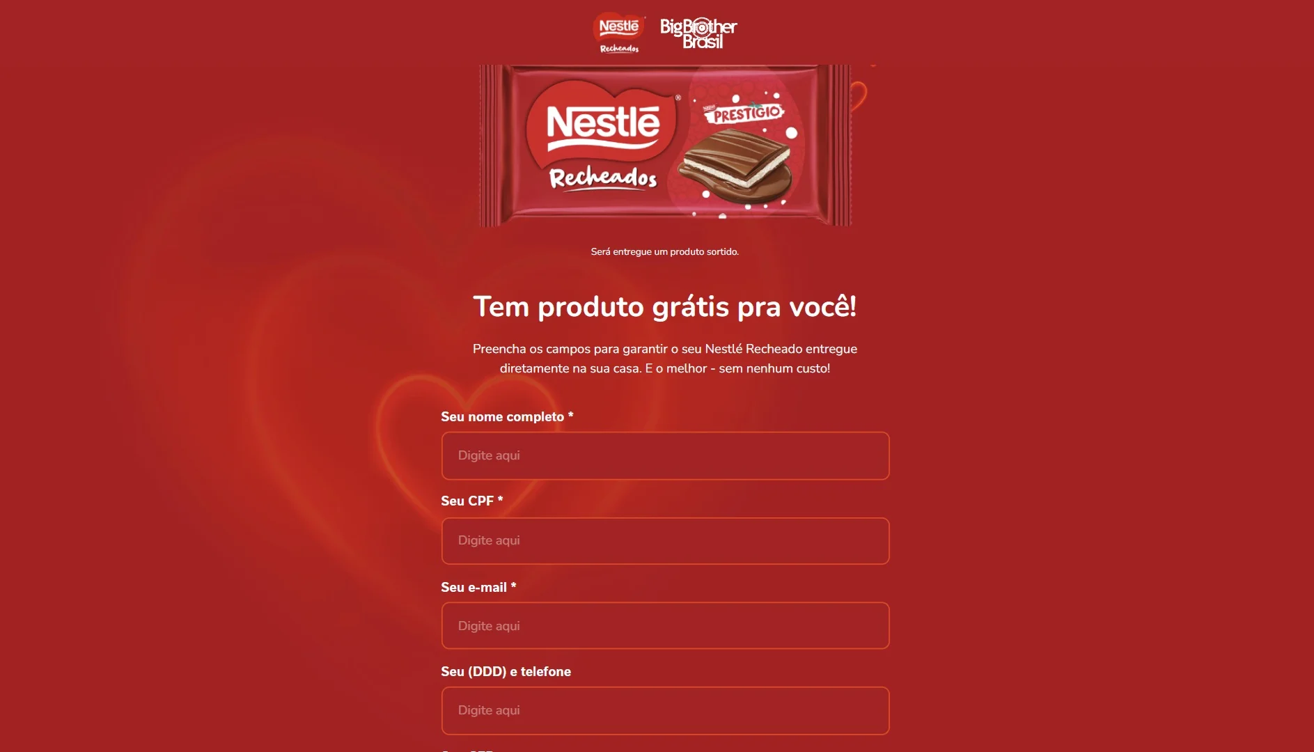 Página de cadastro da promoção Nestlé Recheados e Big Brother Brasil. No topo, imagem de um biscoito Prestígio Recheado sobre fundo vermelho com corações. Abaixo, o título 'Tem produto grátis pra você!' seguido de um formulário com campos para nome completo, CPF, e-mail e telefone.