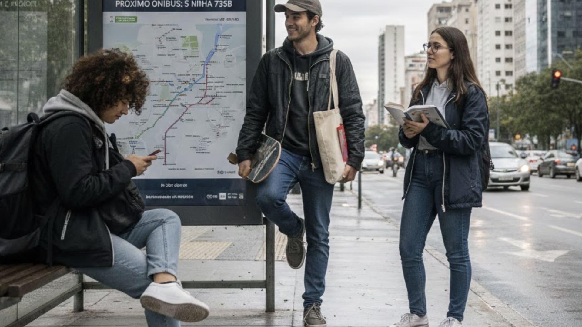 Três jovens estudantes em um ponto de ônibus urbano; uma mulher sentada mexe no celular, enquanto um rapaz com skate e outra mulher com um livro conversam ao lado de um mapa de rotas.