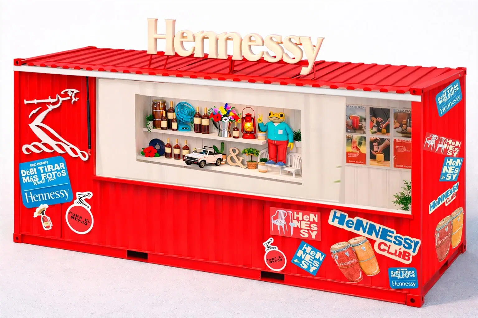 Um container vermelho transformado em um mini cenário ou loja, com prateleiras cheias de objetos, miniaturas e garrafas, encimado por uma placa da turnê do Bad Bunny.