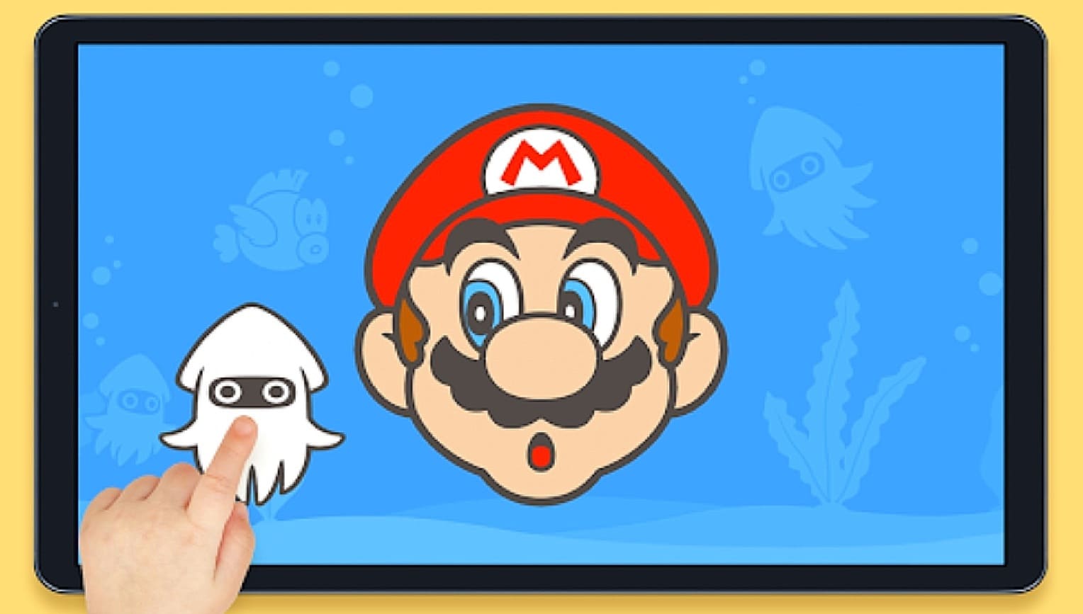 Ilustração colorida em um tablet mostrando o rosto do Mario com uma expressão de surpresa, em um cenário subaquático, enquanto uma mão de criança toca em um Blooper (personagem de lula).