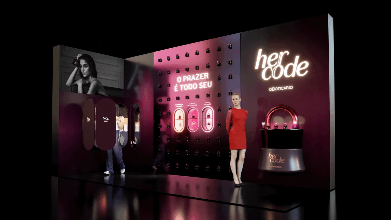Projeção 3D de um estande promocional da marca O Boticário para a fragrância "Her Code". O espaço tem tons de vinho e rosa, com iluminação em neon, displays de produtos em formato de cadeado e a frase "O prazer é todo seu".