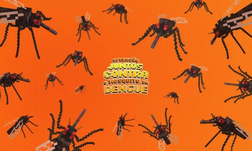 Banner com vários mosquitos de Minecraft e o título "Operação Juntos Contra o Mosquito da Dengue".