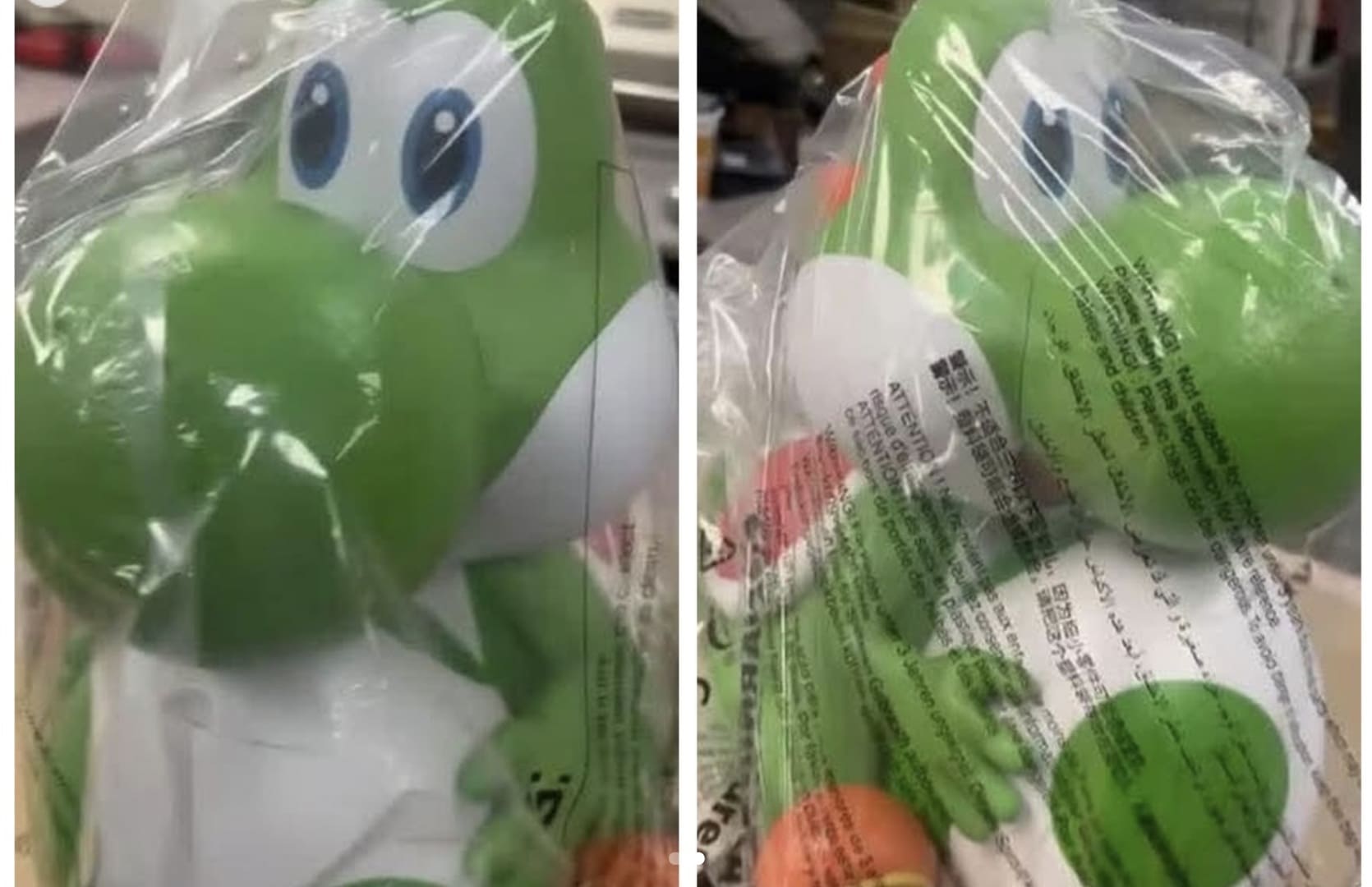 Duas fotos lado a lado de um balde de pipoca colecionável no formato do personagem Yoshi, da Nintendo, ainda dentro de uma embalagem plástica transparente.
