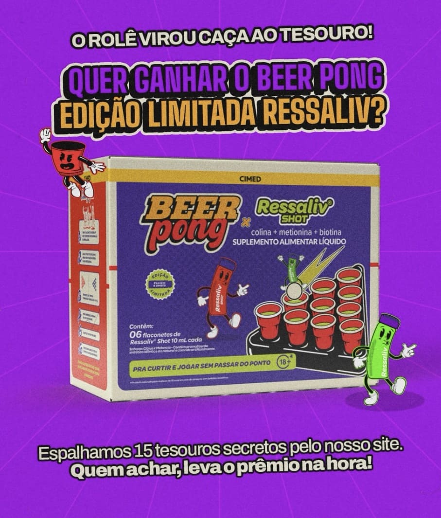 Banner roxo anunciando "O rolê virou caça ao tesouro" com uma caixa de Beer Pong Edição Limitada Ressaliv ao centro.