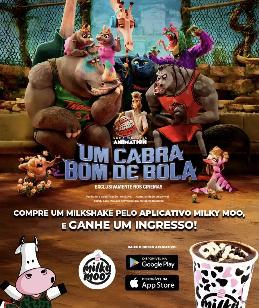 Banner promocional da parceria entre Milky Moo e o filme "Um Cabra Bom de Bola". A parte superior mostra o pôster da animação com diversos animais atletas. No centro, o texto: "Compre um milkshake pelo aplicativo Milky Moo e ganhe um ingresso!". A parte inferior apresenta o logotipo da Milky Moo, ícones das lojas de aplicativos e a imagem de um milkshake decorado com bolinhas de chocolate.