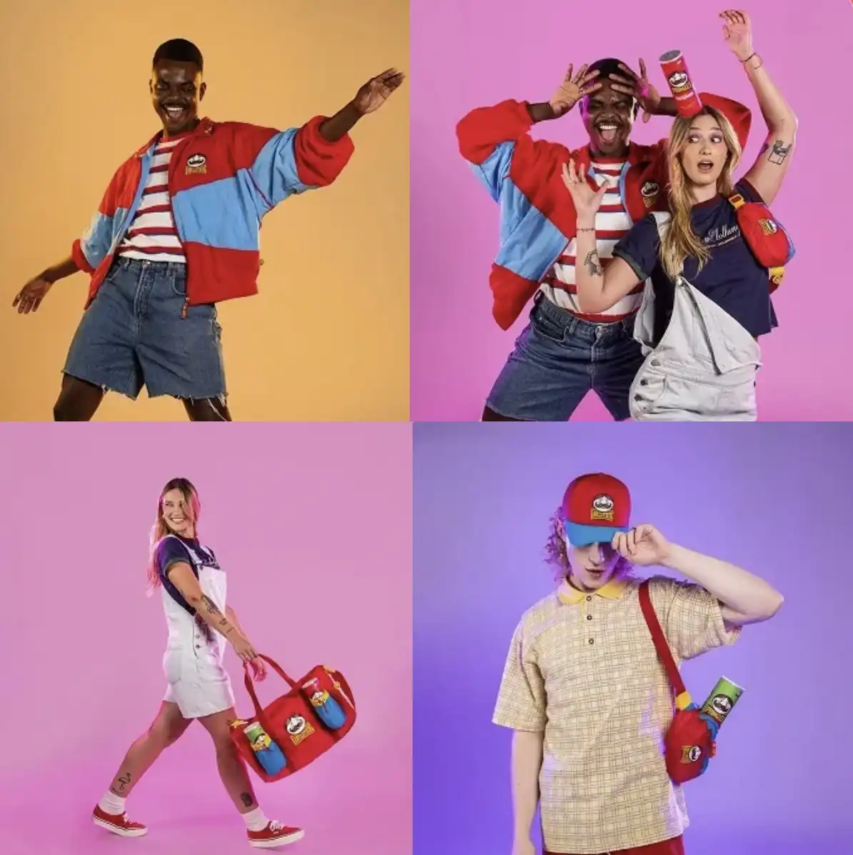 Quatro itens de vestuário e acessórios da colaboração Pringles e BAW Clothing dispostos em uma grade sobre fundo branco: boné, mala, pochete e jaqueta.