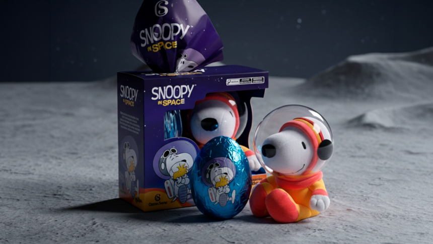 Close-up de uma pelúcia do Snoopy Astronauta com traje amarelo e capacete transparente, sentada em uma mesa de madeira à frente de sua embalagem roxa da Cacau Show.