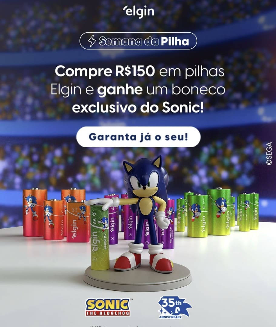 Banner publicitário horizontal com diversas pilhas coloridas da Elgin estampadas com o personagem Sonic. À esquerda, o texto: "Pilha com a maior durabilidade comprovada pela Protest".