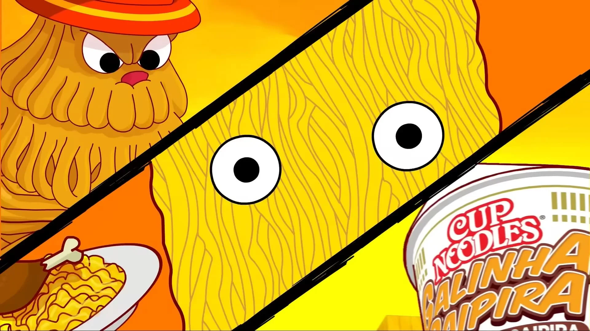 Banner promocional dividido em três faixas diagonais coloridas mostrando personagens da Nissin: à esquerda, um personagem de macarrão com chapéu e expressão brava; ao centro, um bloco de lámen amarelo com olhos arregalados; à direita, parte da embalagem de Cup Noodles sabor Galinha Caipira.