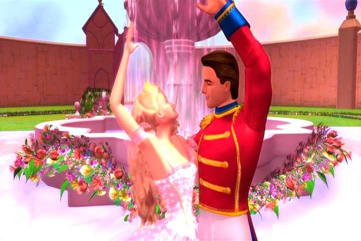 Cena da animação original "Barbie em O Quebra-Nozes", mostrando a Barbie como Clara e o Príncipe Eric dançando balé em frente a uma fonte rosa iluminada.