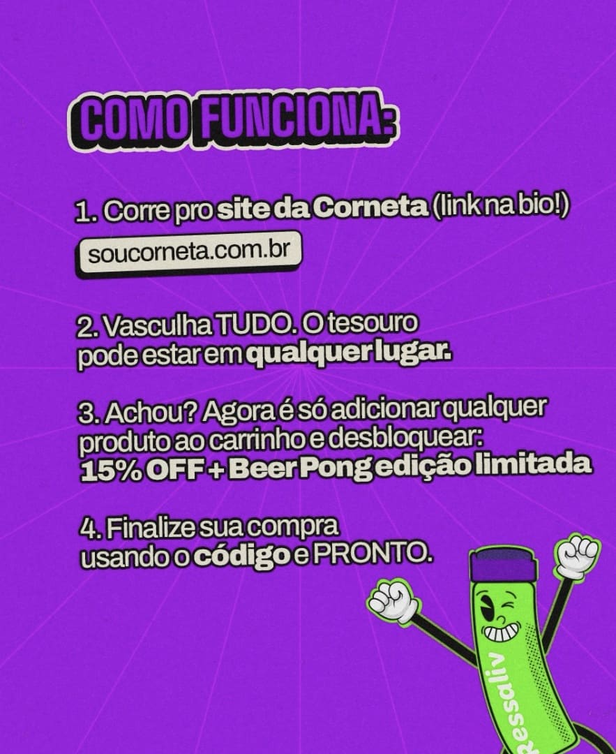 nfográfico com fundo roxo explicando os 4 passos para participar da caça ao tesouro.