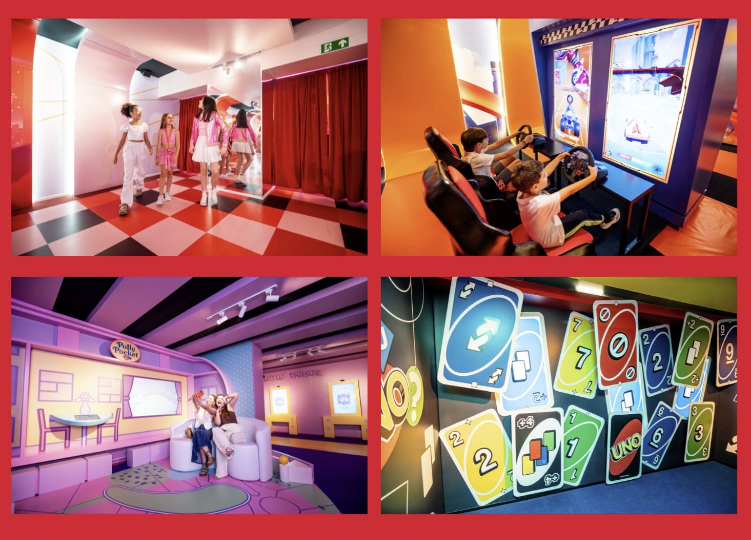 Colagem com quatro fotos de crianças e jovens se divertindo na exposição da Mattel. Inclui corredores coloridos, simuladores de corrida de Hot Wheels, cenário da Polly Pocket e uma parede temática de cartas de UNO.