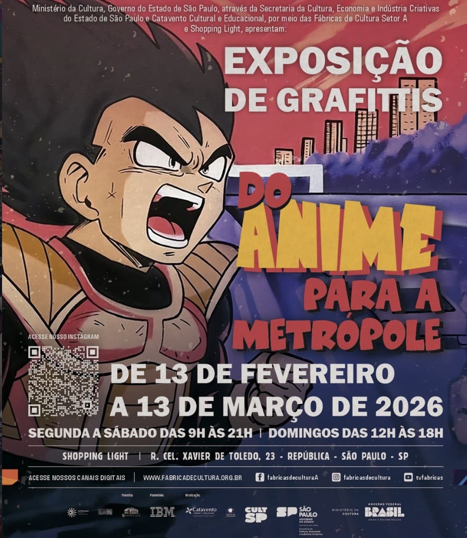 Cartaz da exposição de graffiti "Do Anime para a Metrópole", com ilustração do personagem Vegeta de Dragon Ball em estilo arte urbana sobre fundo de cidade.