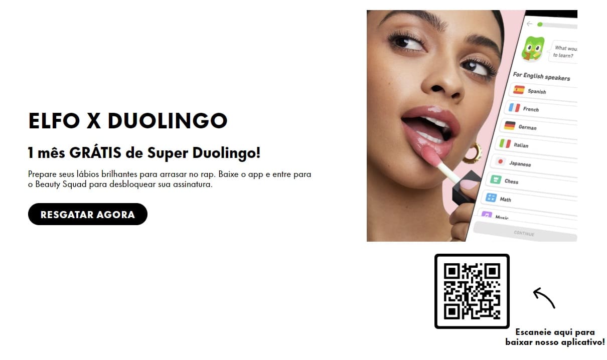 "ELFO X DUOLINGO" oferecendo 1 mês grátis de Super Duolingo, com imagem da modelo, botão de resgate e QR Code.