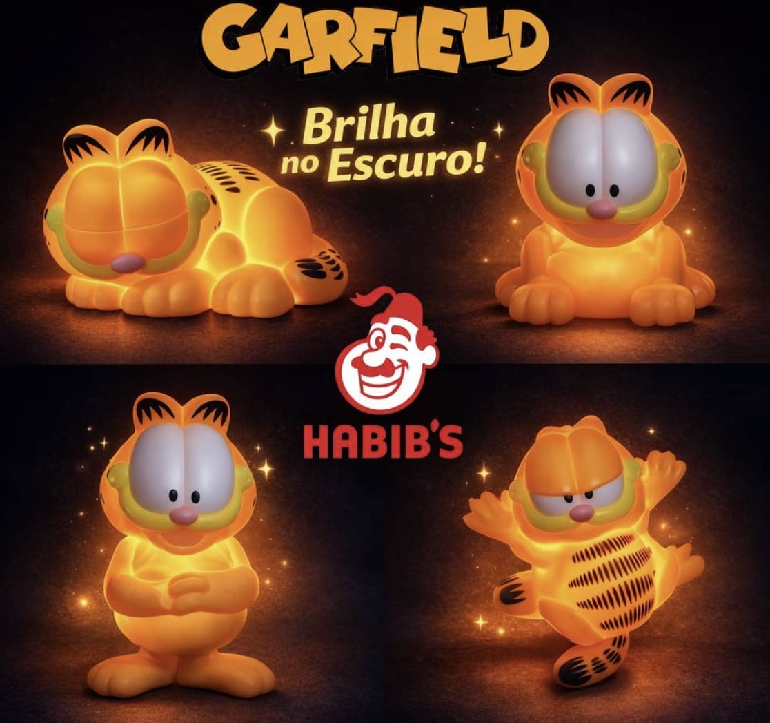 Montagem com quatro fotos dos bonecos do Garfield brilhando intensamente em um fundo escuro, acompanhada do texto "Brilha no Escuro!" e o logotipo do Habib's.