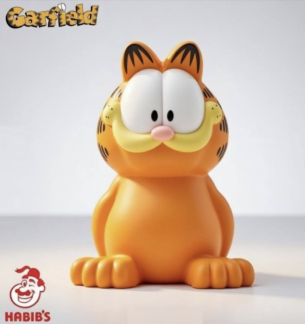 Um boneco de plástico do personagem Garfield sentado de frente, com o logotipo da rede Habib's no canto inferior esquerdo e o nome "Garfield" no canto superior esquerdo.