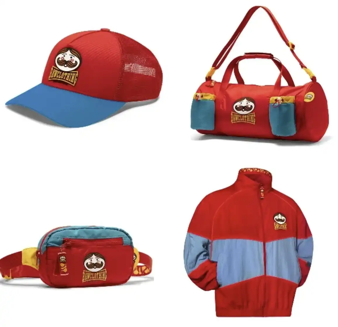 Grade com quatro itens de moda exclusivos da colaboração Pringles e BAW Clothing: um boné, uma mala de viagem, uma pochete e uma jaqueta corta-vento, todos em vermelho e azul.