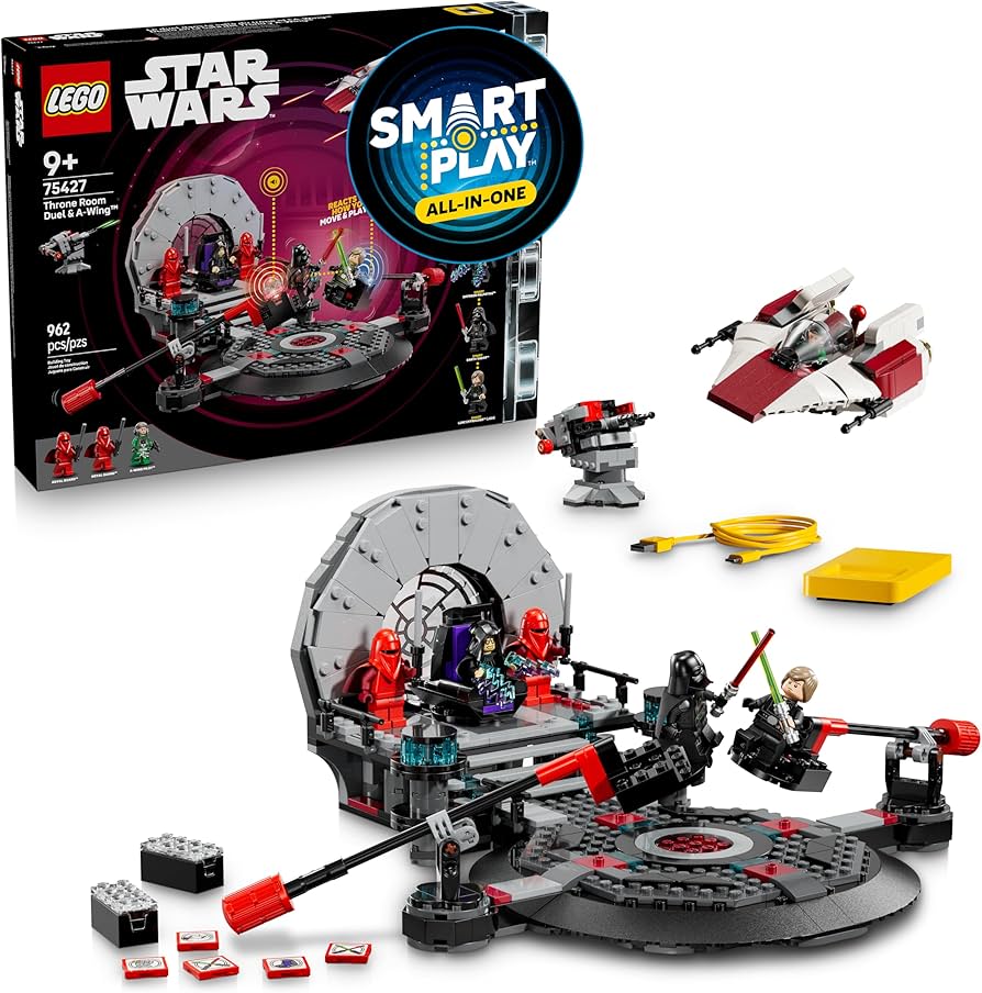 Caixa e peças montadas do set LEGO Star Wars "Throne Room Duel & A-Wing" com selo "Smart Play All-in-One", mostrando minifiguras de Darth Vader e Luke Skywalker duelando sobre uma base eletrônica.