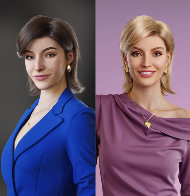 Duas versões da influenciadora virtual Lu do Magalu lado a lado: à esquerda com cabelos castanhos e blazer azul, e à direita com cabelos loiros e blusa roxa.