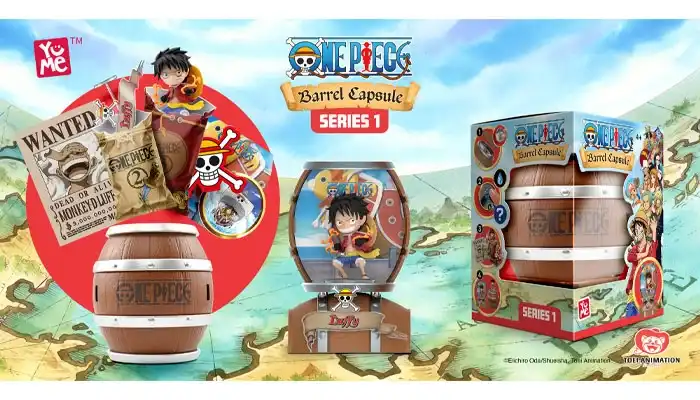 Embalagem e conteúdos do colecionável "One Piece Barrel Capsule Series 1" da YuMe Toys. A imagem mostra a caixa externa, o barril fechado, a figura do Luffy montada e os itens surpresa, incluindo um cartaz de recompensa e acessórios em saquinhos lacrados.