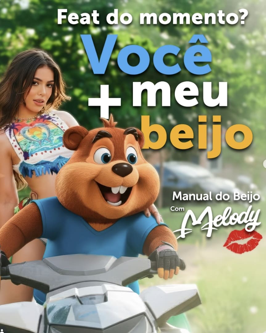 Cantora Melody e o mascote castor da Sorridents em um jet ski, em um cenário ensolarado ao ar livre com árvores ao fundo.