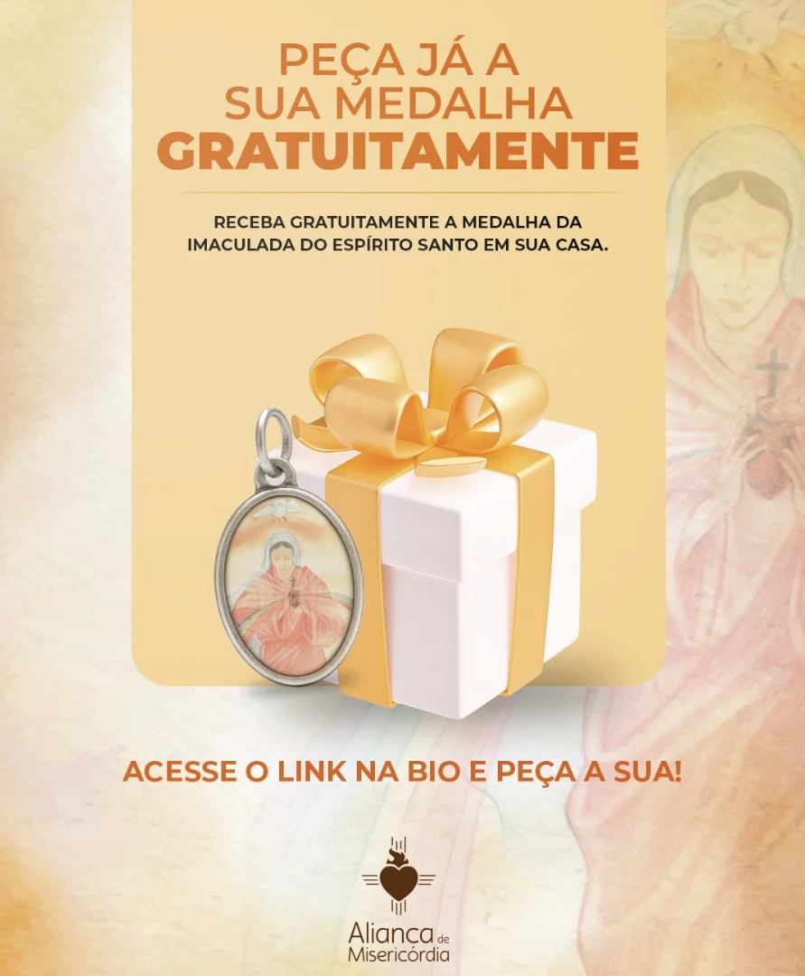Banner promocional da Aliança de Misericórdia oferecendo a Medalha da Imaculada do Espírito Santo gratuitamente. A imagem mostra uma caixa de presente branca com laço dourado e a medalha religiosa ao lado.