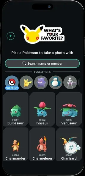 Captura de tela do menu de seleção de Pokémon, exibindo ícones de Bulbasaur, Charmander e outras criaturas clássicas.