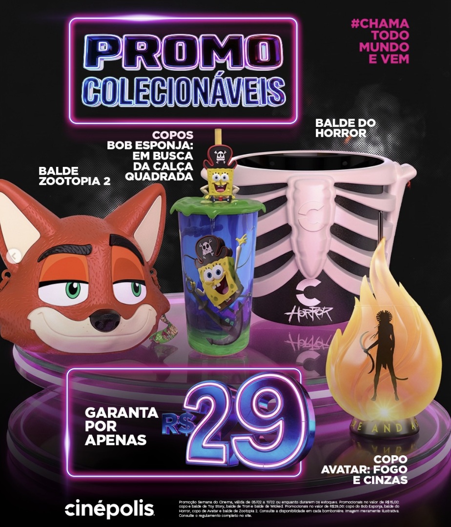 Cartaz promocional da Cinépolis intitulado "Promo Colecionáveis", exibindo itens temáticos de filmes como Zootopia 2, Bob Esponja, Balde do Horror e Avatar: Fogo e Cinzas. O destaque central é o preço promocional de R$ 29.