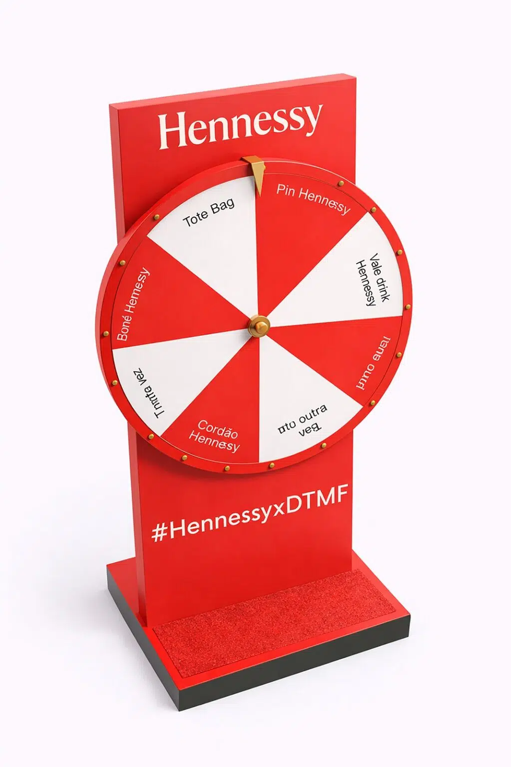 Uma roleta de prêmios vertical nas cores vermelho, branco e preto. O centro exibe o logo "Hennessy Club" e a base contém a hashtag #HennessyXDTMF.