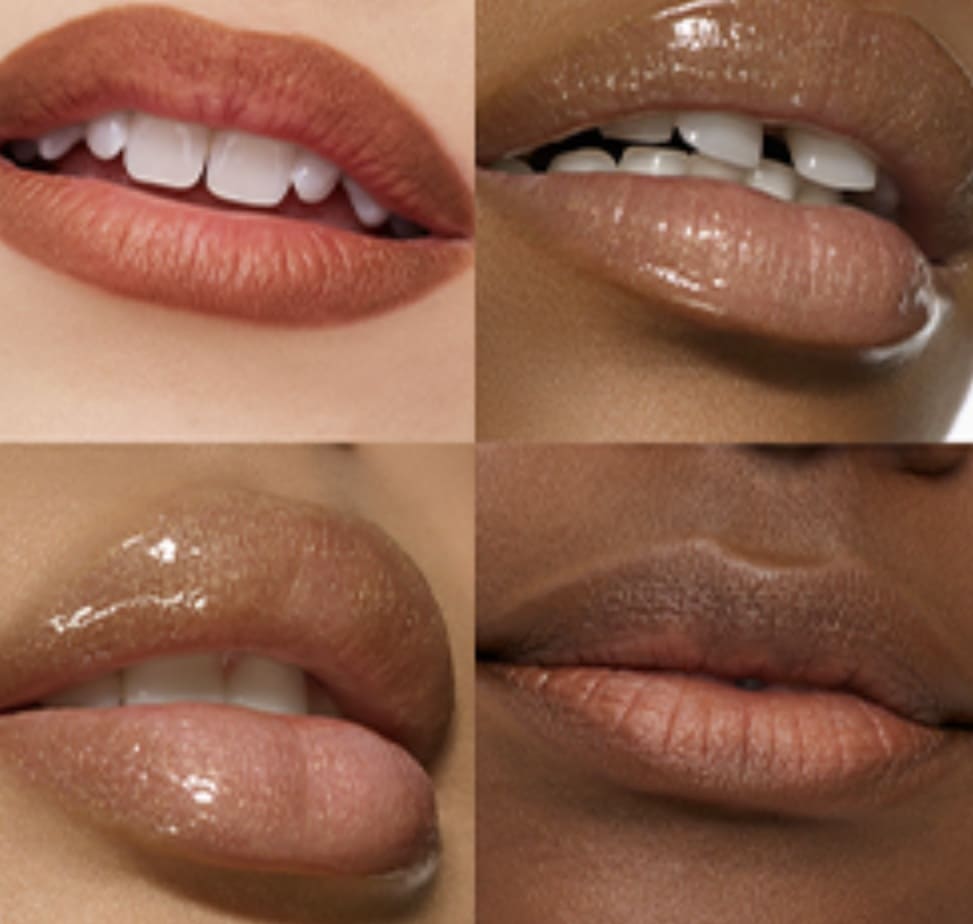 Mosaico com quatro fotos em close-up de lábios de diferentes tons de pele usando batons e glosses variados.