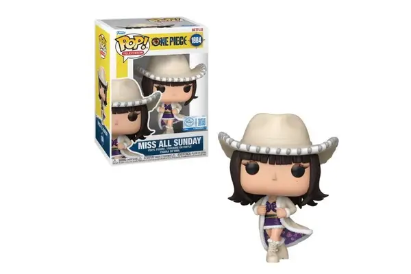Boneco Funko Pop de Miss All Sunday vestindo um chapéu de cowboy branco, casaco branco e roupa roxa. A caixa ao lado indica o número 1884.
