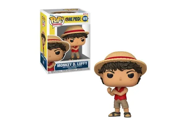 Funko Pop de Monkey D. Luffy com chapéu de palha, colete vermelho e bermuda bege. Ele está em pose de combate com os punhos cerrados.