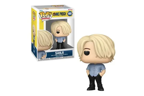 Funko Pop de Sanji com cabelo loiro cobrindo um dos olhos, vestindo uma camisa azul clara e calças pretas, com as mãos nos bolsos.