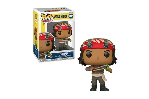 Funko Pop de Usopp com bandana vermelha e óculos de proteção na testa, segurando seu estilingue "Ginga" em posição de tiro.