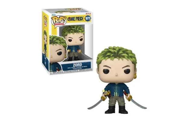 Funko Pop de Roronoa Zoro com cabelo verde curto, segurando duas de suas espadas embainhadas e uma em cada mão.
